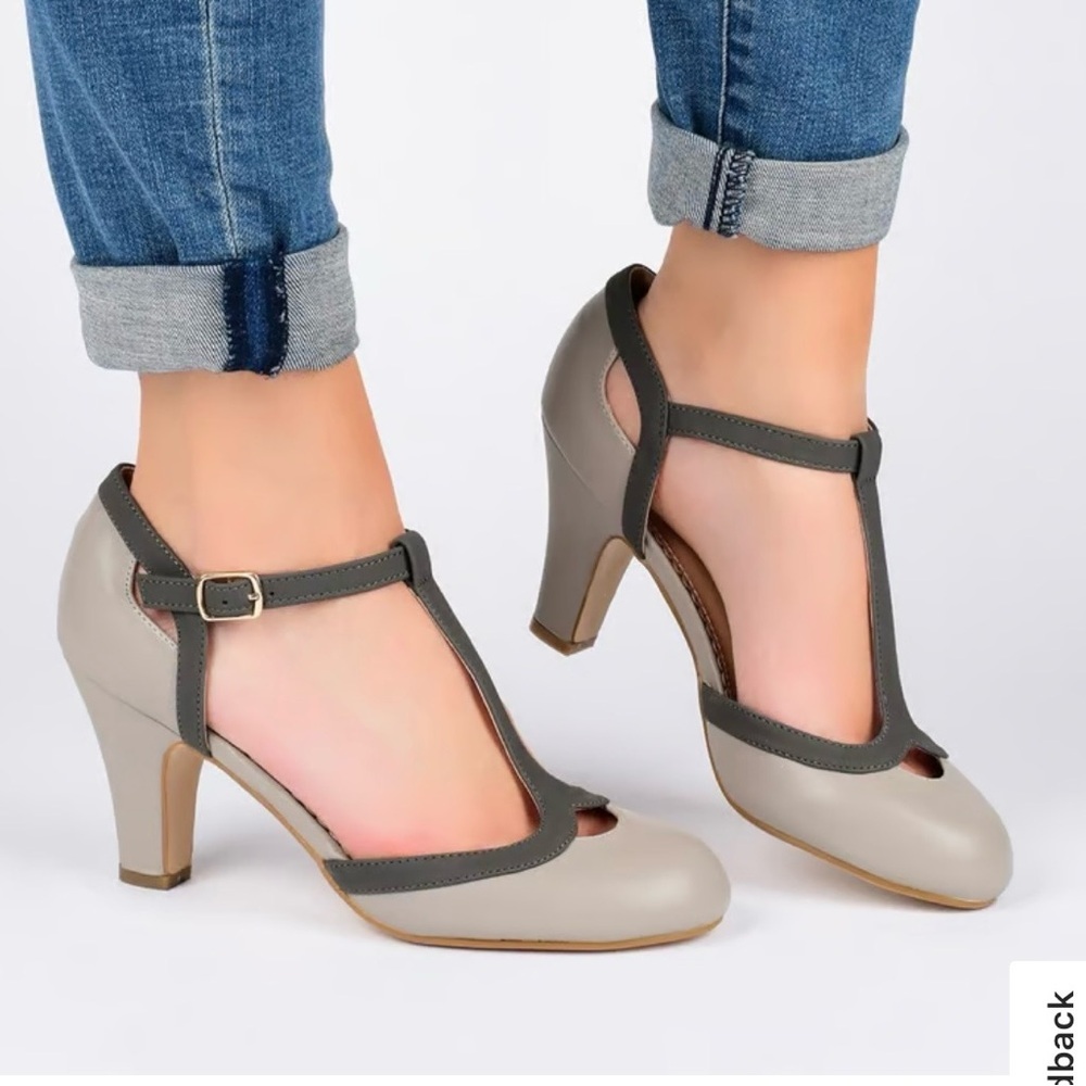 Journee Collection Taupe and Dark Gray T-Strap Heels size 7